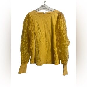 easel Yellow Sheer Leopard Puff Sleeve Cotton Top